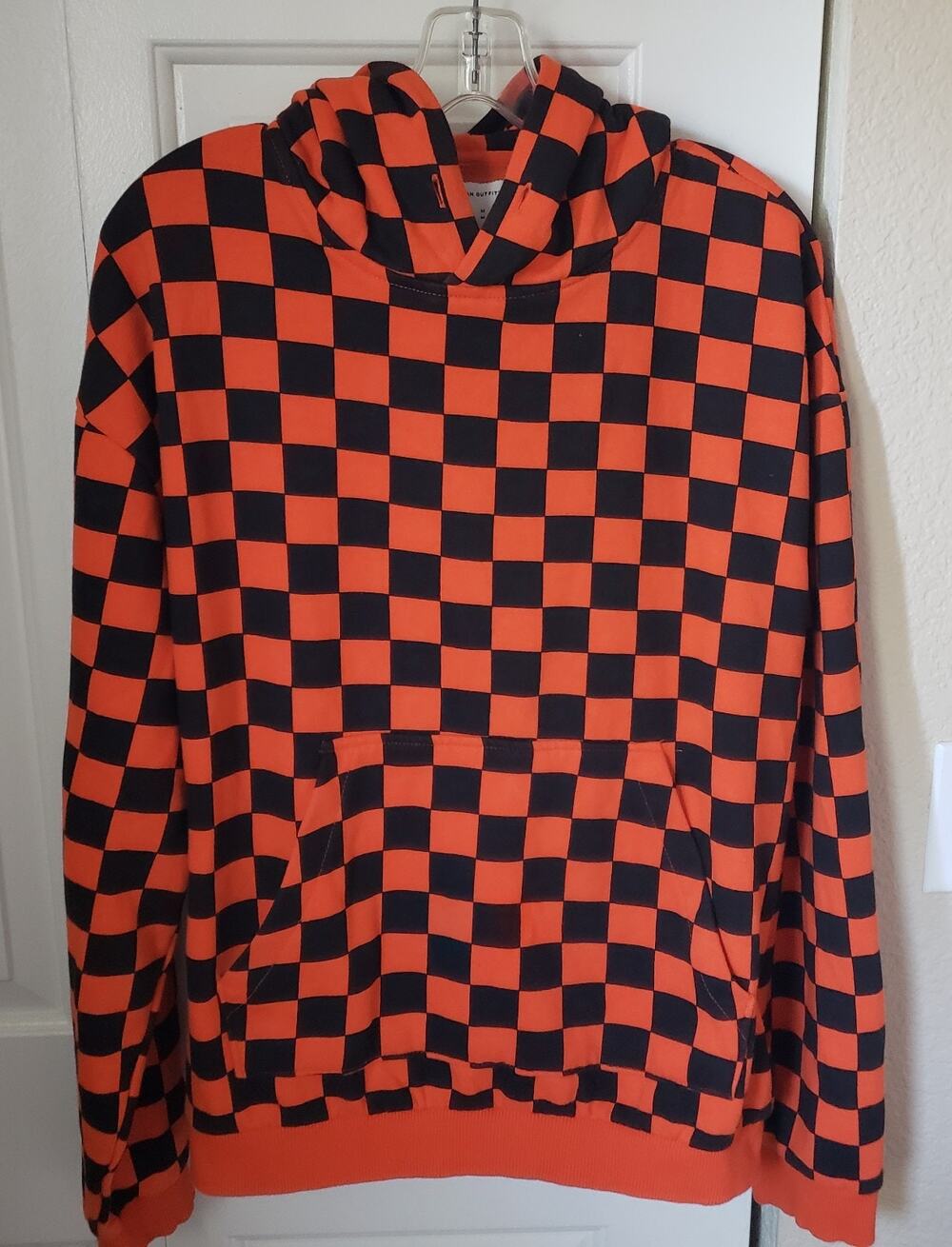 Urban Outfitters Men's Large Orange Black Checkered Hoodie Oversized Streetwear